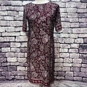 Roz & Ali Burgundy, White & Pink Short Sleeve Dress Size M